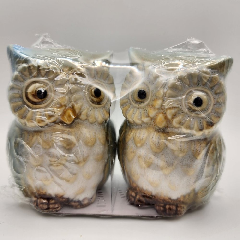 Midwoods Brands 3"Ceramic Owls Salt & Pepper Shakers Ivory & Blue Green Owl Set